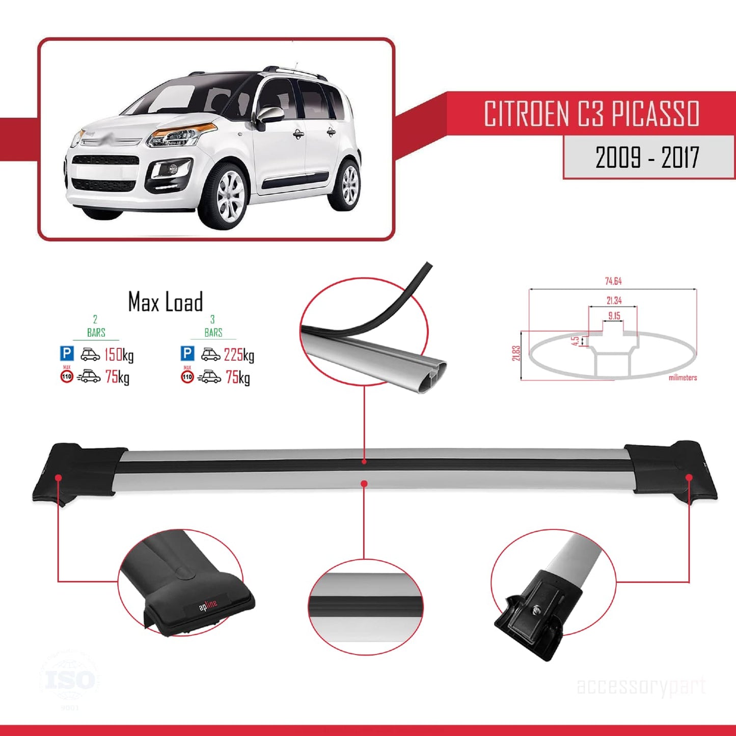 Compatible avec Citroen C3 Picasso 2009-2017 FLY Model Barres de Toit Railing Porte-Bagages de Voiture Gris Aluminium 2 Barres