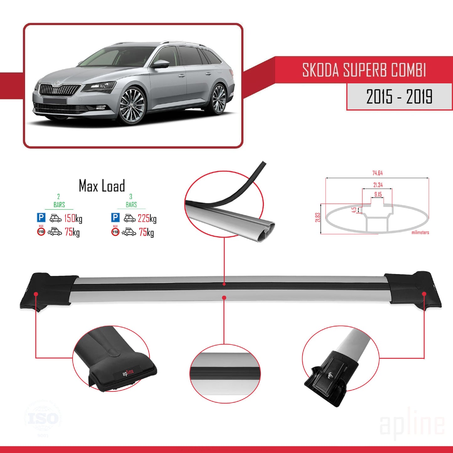 Compatible avec Skoda Superb 3 (3V) Break Pre-Facelift 2015-2019 FLY Model Barres de Toit Railing Porte-Bagages de Voiture Gris Aluminium 2 Barres