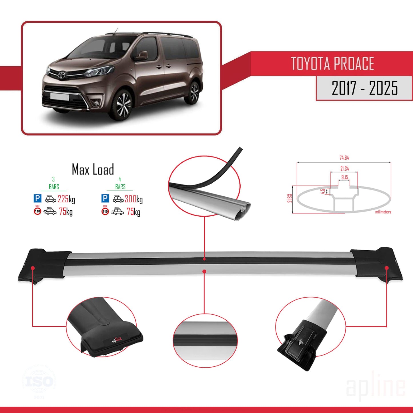 Compatible avec Toyota Proace 2017-2025 FLY Model Barres de Toit Railing Porte-Bagages de Voiture Gris Aluminium 4 Barres