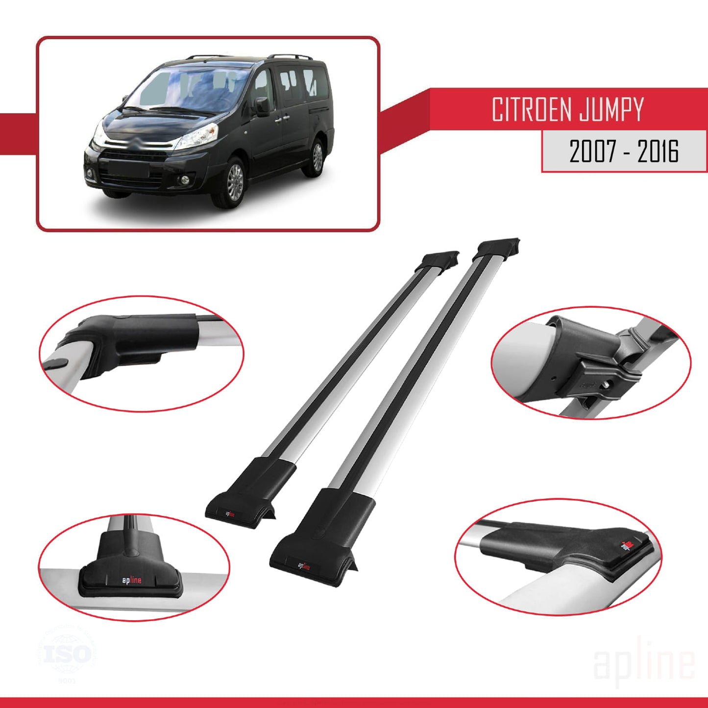 Compatible avec Citroen Jumpy 2 (G9) 2007-2016 FLY Model Barres de Toit Railing Porte-Bagages de Voiture Gris Aluminium 2 Barres