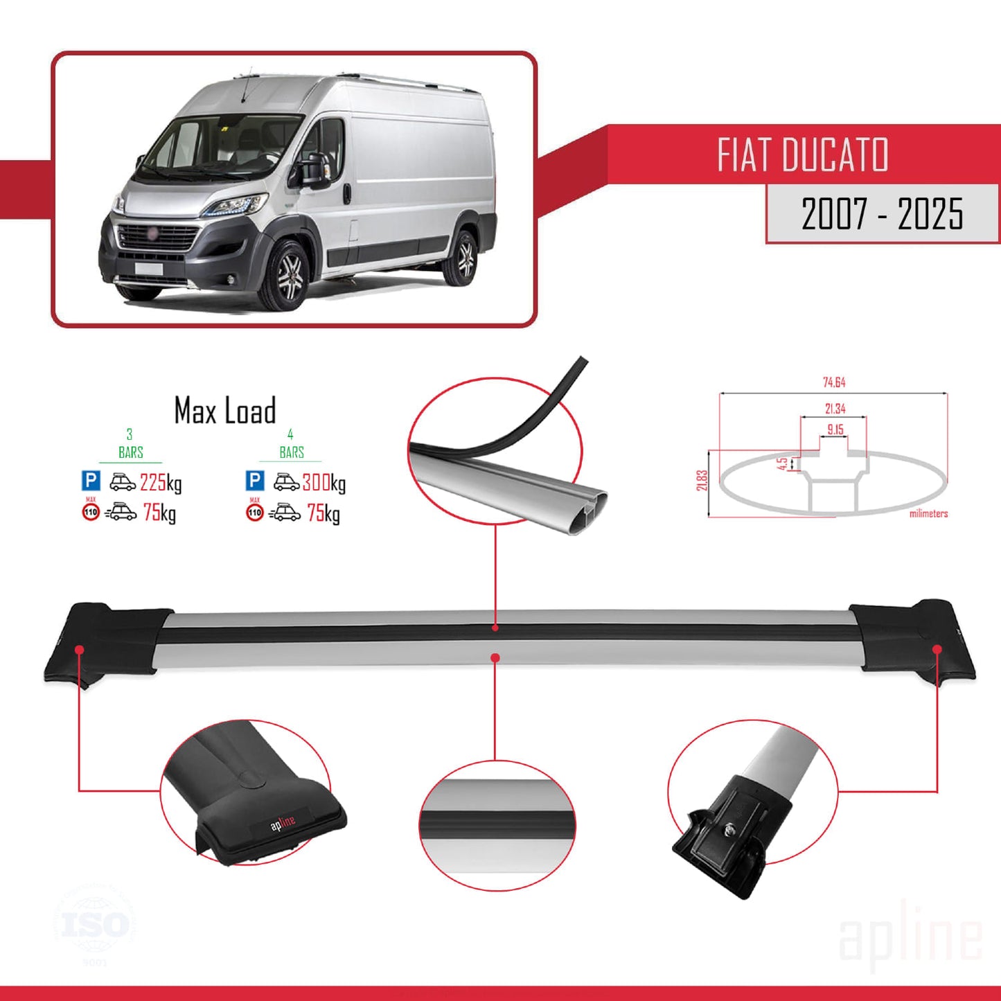 Compatibile con Fiat Ducato 3 2007-2025 Modello FLY Barre Portatutto Railing Portapacchi Auto Alluminio Grigio 4 Barre