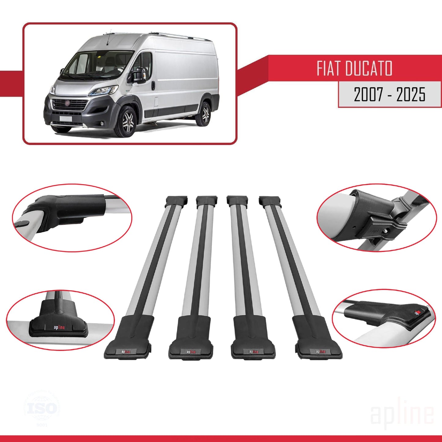 Compatibile con Fiat Ducato 3 2007-2025 Modello FLY Barre Portatutto Railing Portapacchi Auto Alluminio Grigio 4 Barre