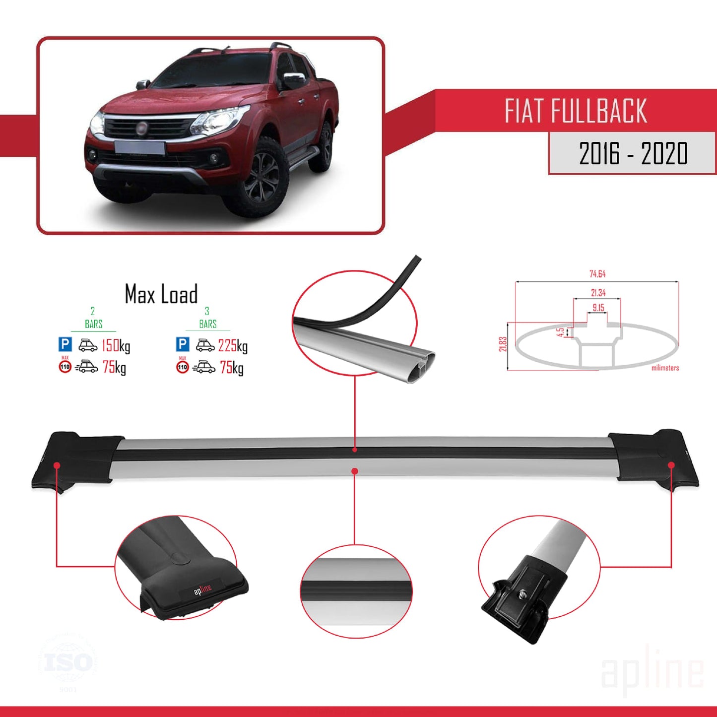 Kompatibel mit Fiat Fullback 2016-2020 FLY Modell Dachgepäckträger, graues Aluminium, 2 Stangen