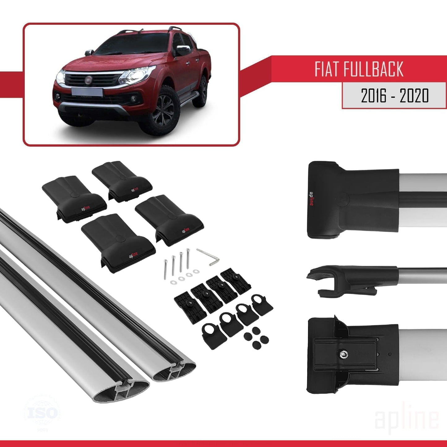 Kompatibel mit Fiat Fullback 2016-2020 FLY Modell Dachgepäckträger, graues Aluminium, 2 Stangen