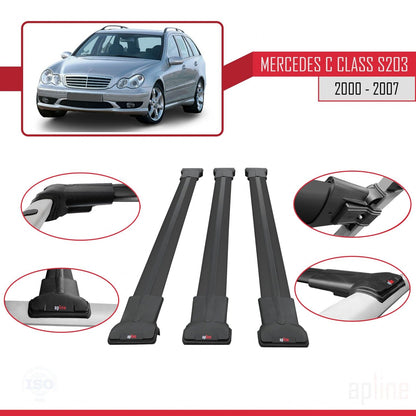 Compatible avec Mercedes Classe C 2 (S203) 2000-2007 FLY Model Barres de Toit Railing Porte-Bagages de Voiture Noir Aluminium 3 Barres