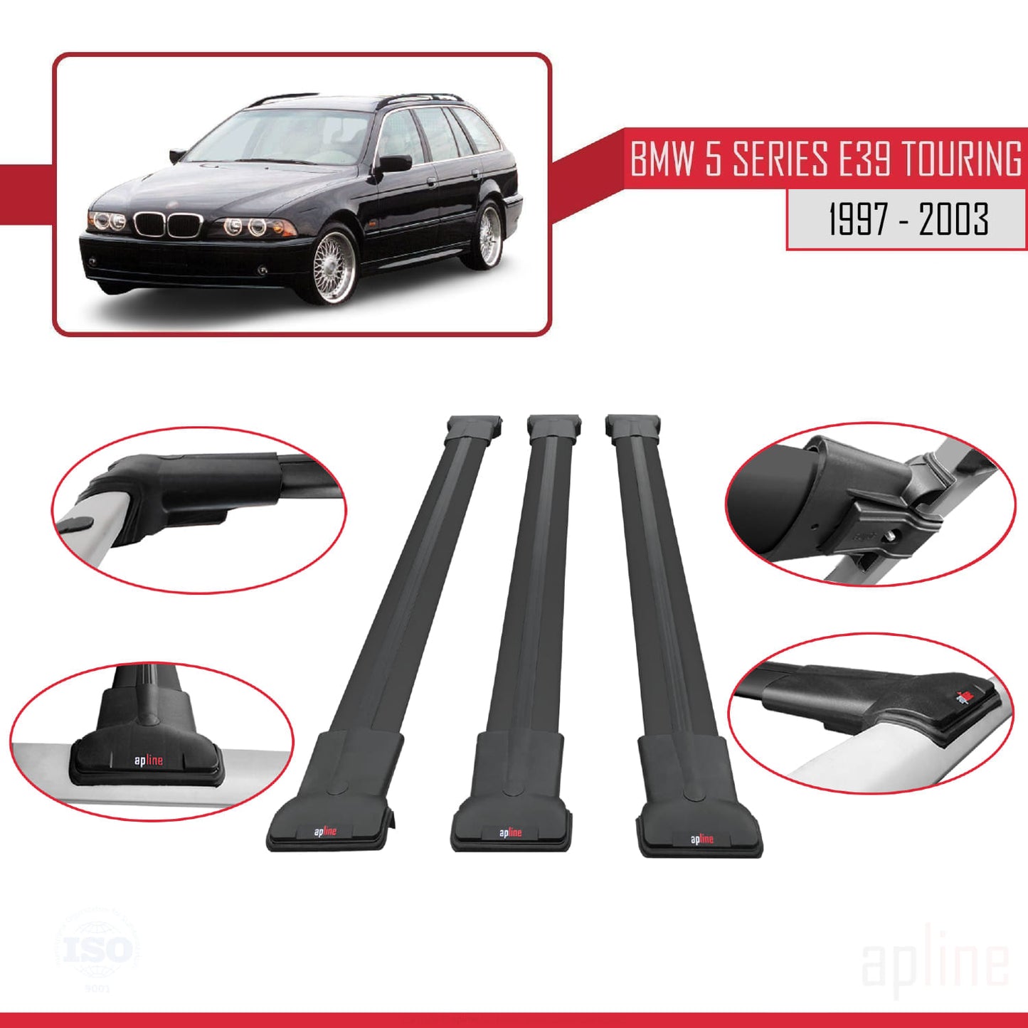 Kompatibel mit BMW 5er (E39) Touring 1997-2003 FLY Modell Dachgepäckträger, schwarzes Aluminium, 3-teilig