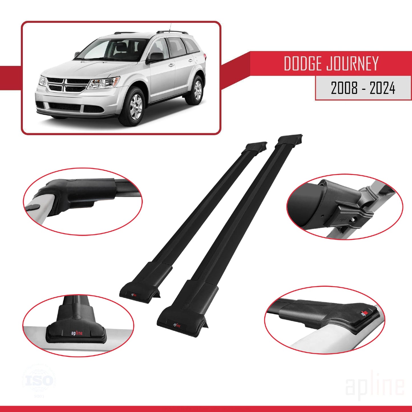 Kompatibel mit Dodge Journey 2008-2024 FLY Modell Dachgepäckträger, schwarzes Aluminium, 2 Stangen