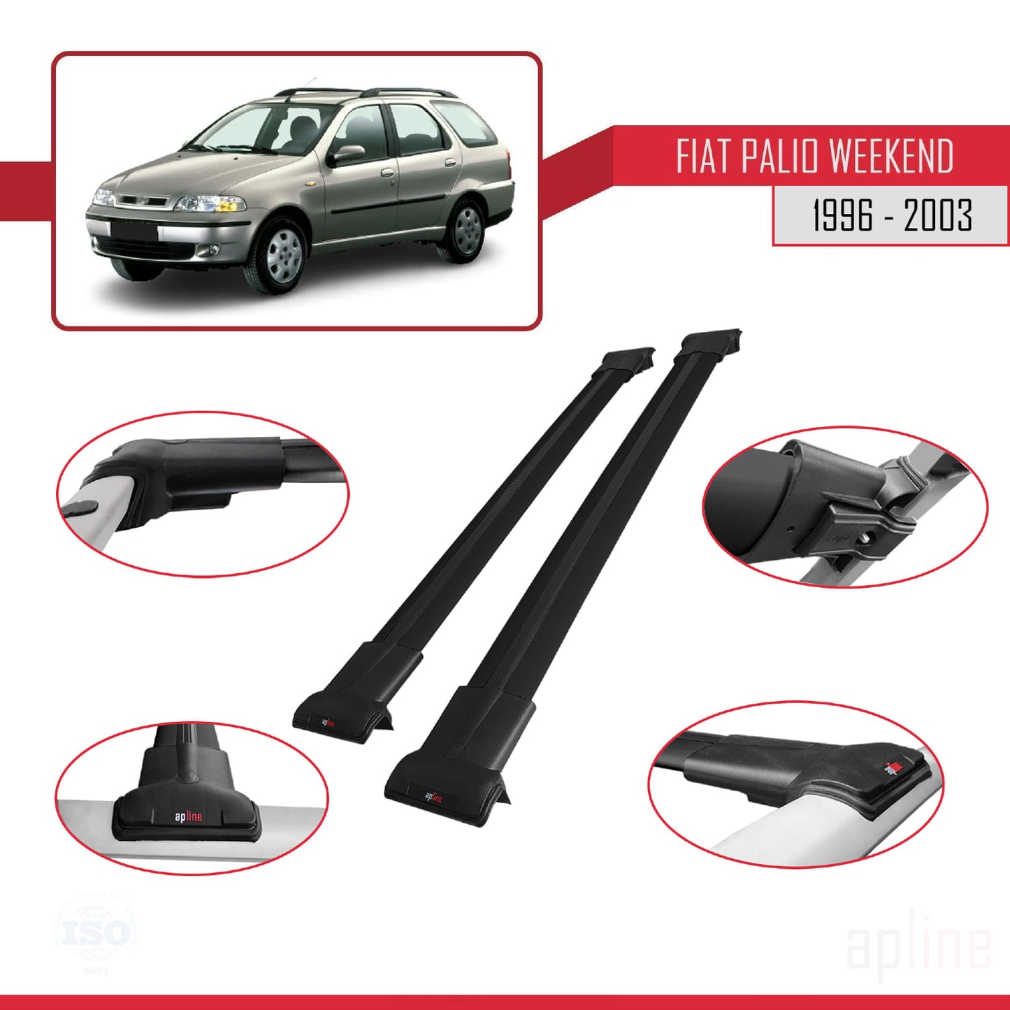 Compatible avec Fiat Palio (178) Weekend 1996-2003 FLY Model Barres de Toit Railing Porte-Bagages de Voiture Noir Aluminium 2 Barres