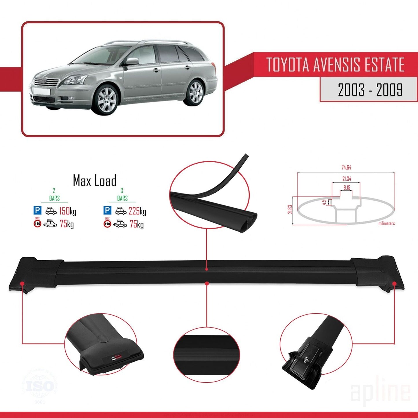 Compatible avec Toyota Avensis Break 2003-2009 FLY Model Barres de Toit Railing Porte-Bagages de Voiture Noir Aluminium 2 Barres