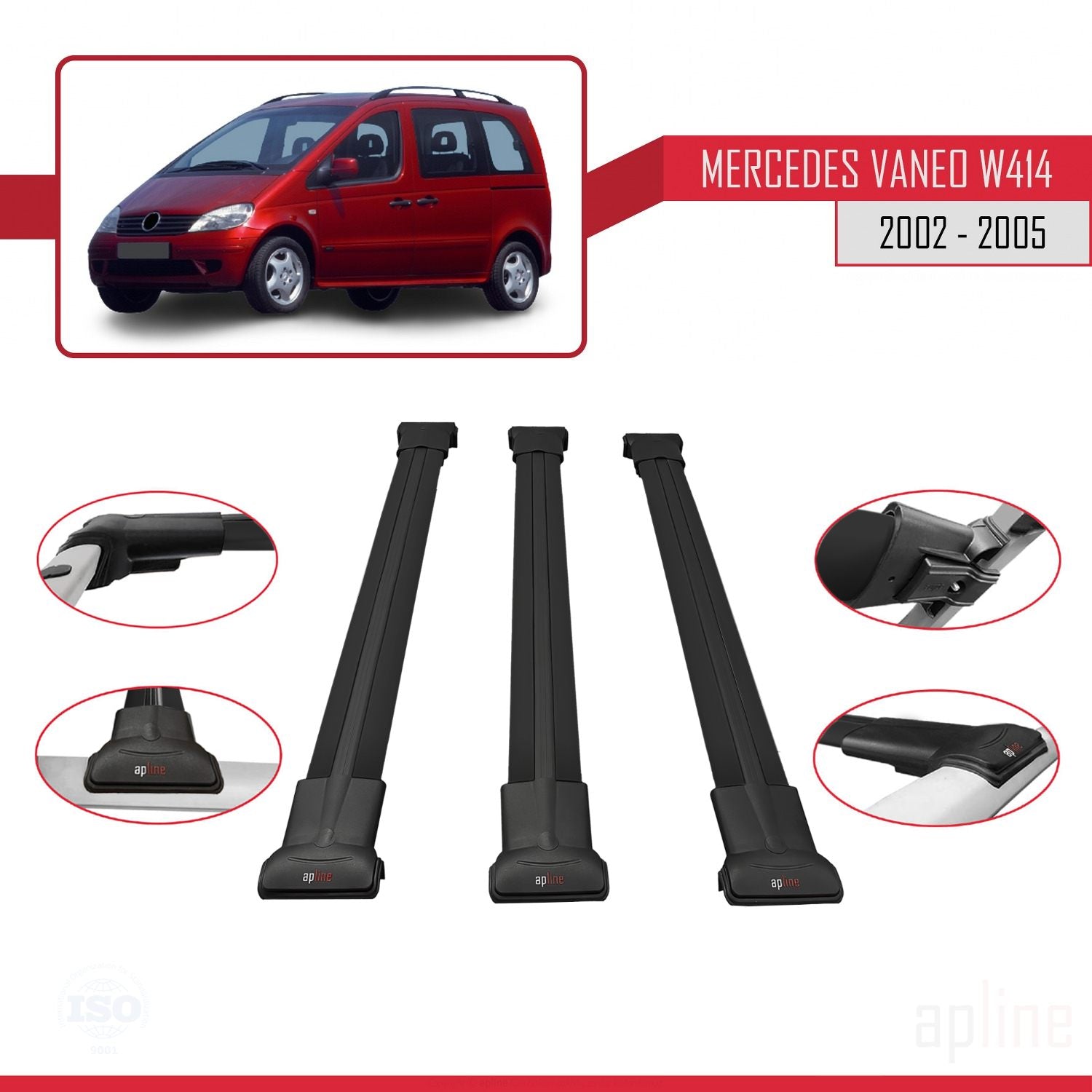 Compatible avec Mercedes Vaneo (W414) 2002-2005 FLY Model Barres de Toit Railing Porte-Bagages de Voiture Noir Aluminium 3 Barres
