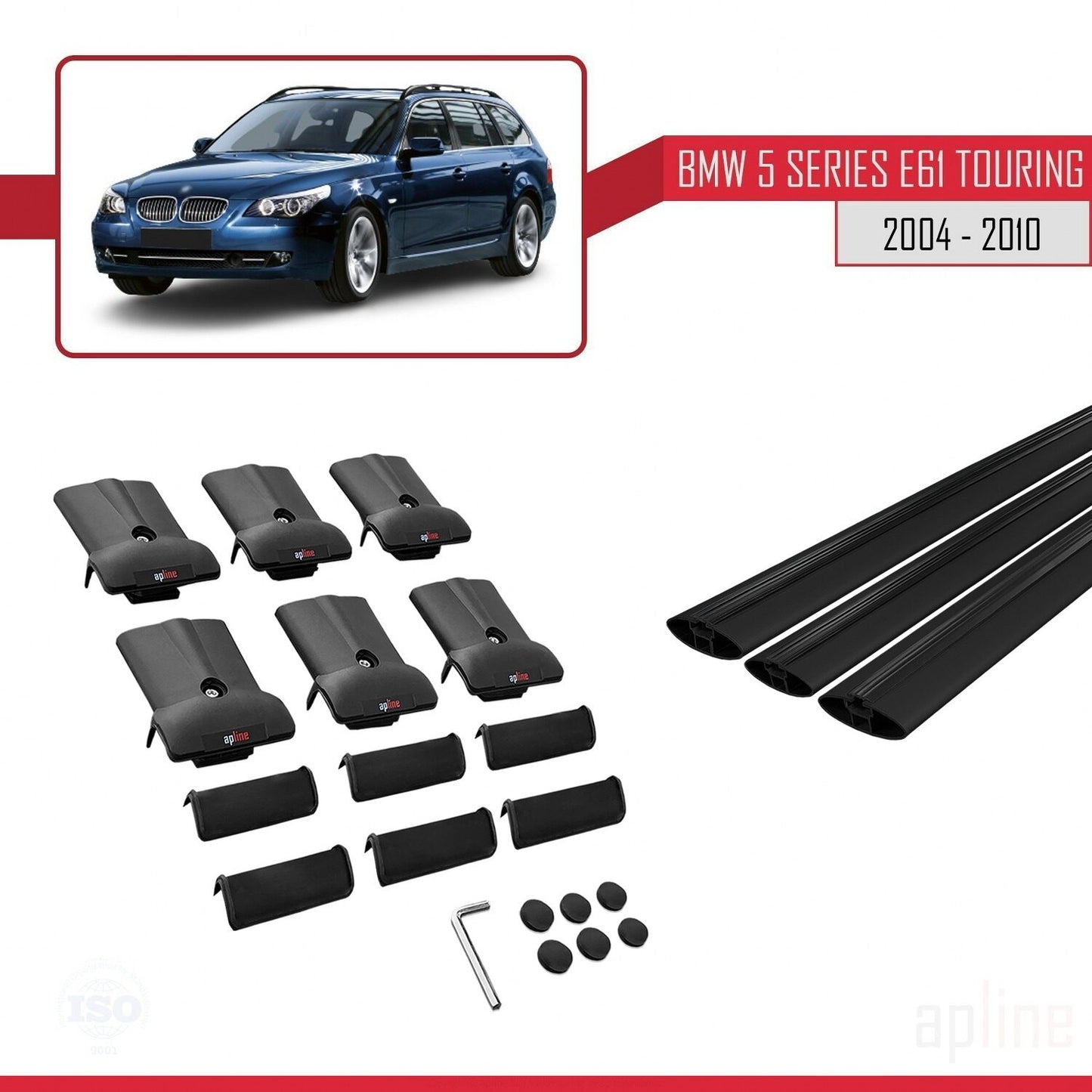 Compatible avec BMW Série 5 (E61) Touring 2004-2010 FLY Model Barres de Toit Railing Porte-Bagages de Voiture Noir Aluminium 3 Barres