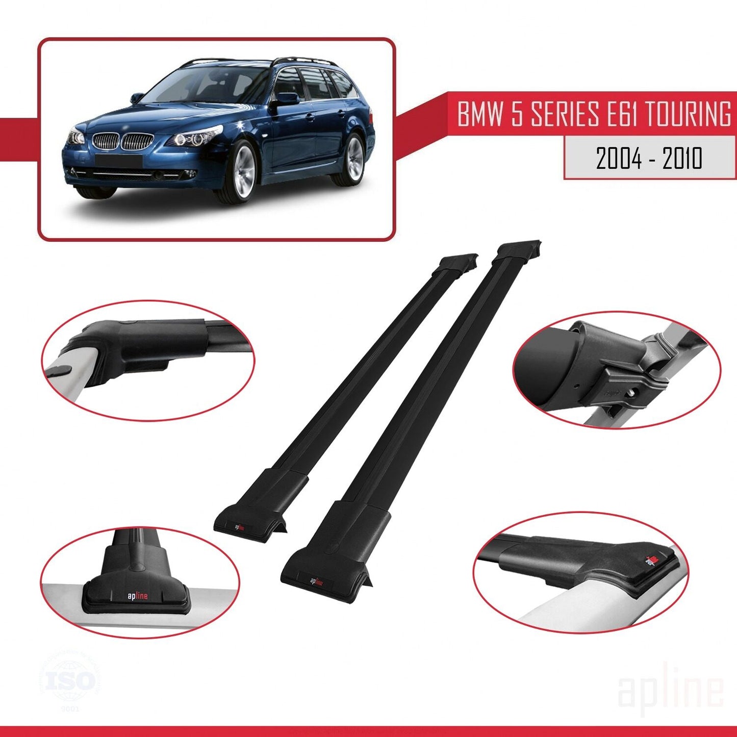 Compatible avec BMW Série 5 (E61) Touring 2004-2010 FLY Model Barres de Toit Railing Porte-Bagages de Voiture Noir Aluminium 2 Barres