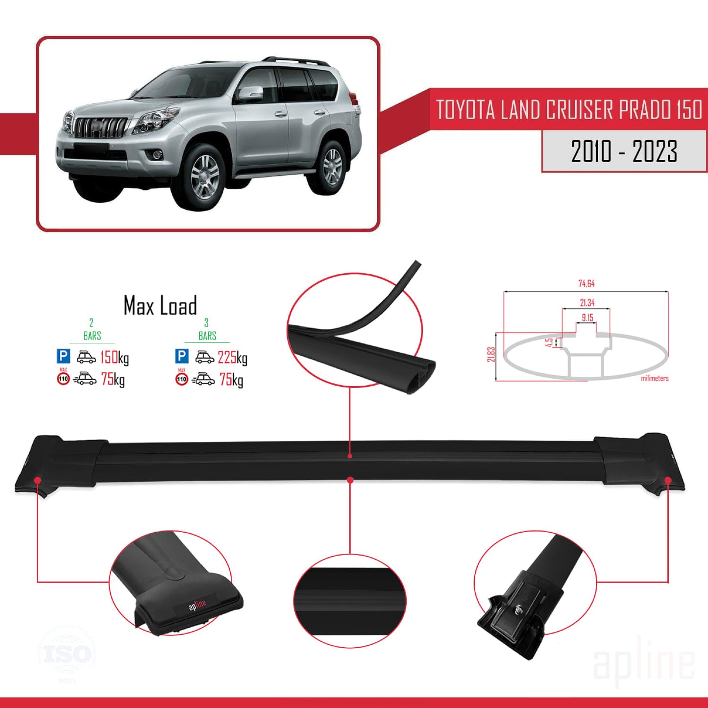 Compatible avec Toyota Land Cruiser Prado (J150) 2010-2023 FLY Model Barres de Toit Railing Porte-Bagages de Voiture Noir Aluminium 2 Barres