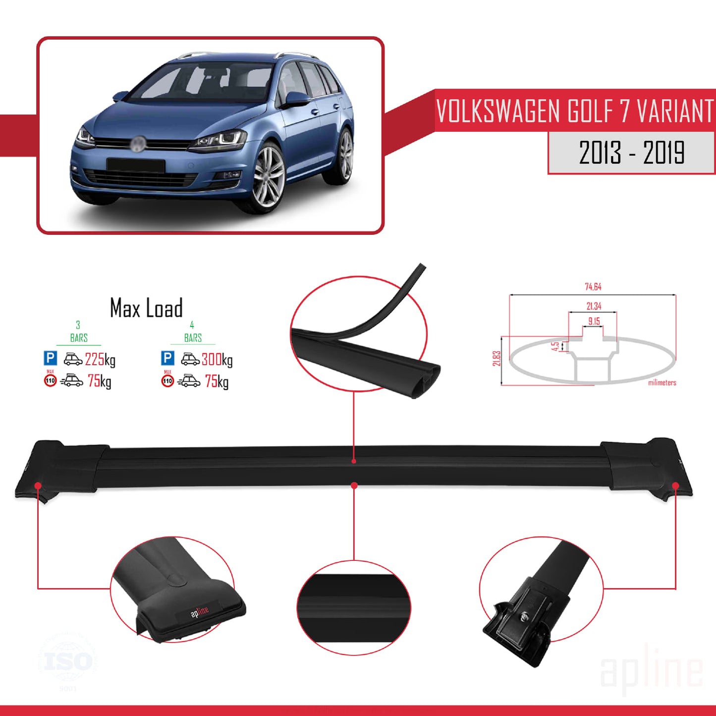 Compatible avec Volkswagen Golf 7 (5G) Variant 2013-2019 FLY Model Barres de Toit Railing Porte-Bagages de Voiture Noir Aluminium 3 Barres