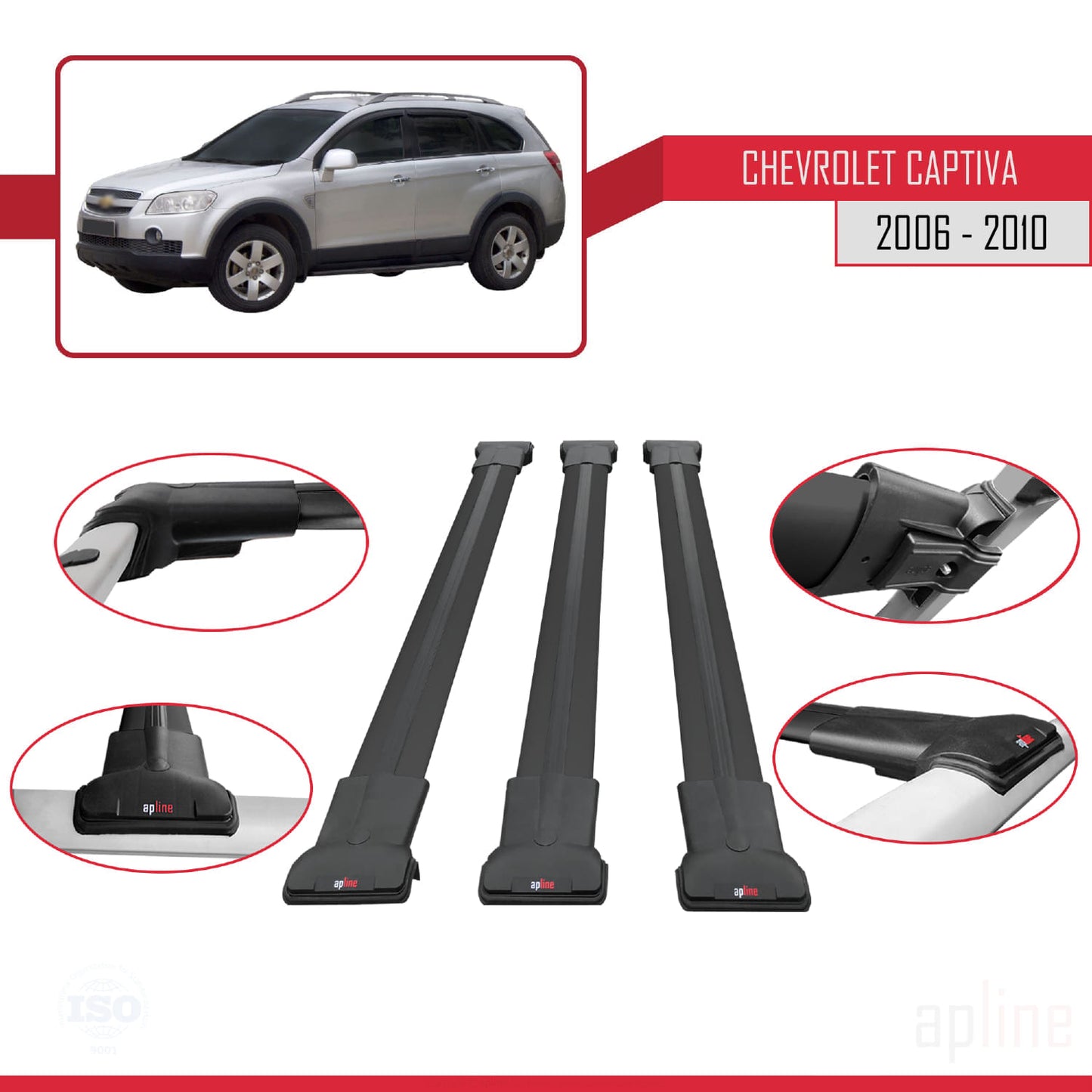 Compatible avec Chevrolet Captiva 2006-2010 FLY Model Barres de Toit Railing Porte-Bagages de Voiture Noir Aluminium 3 Barres