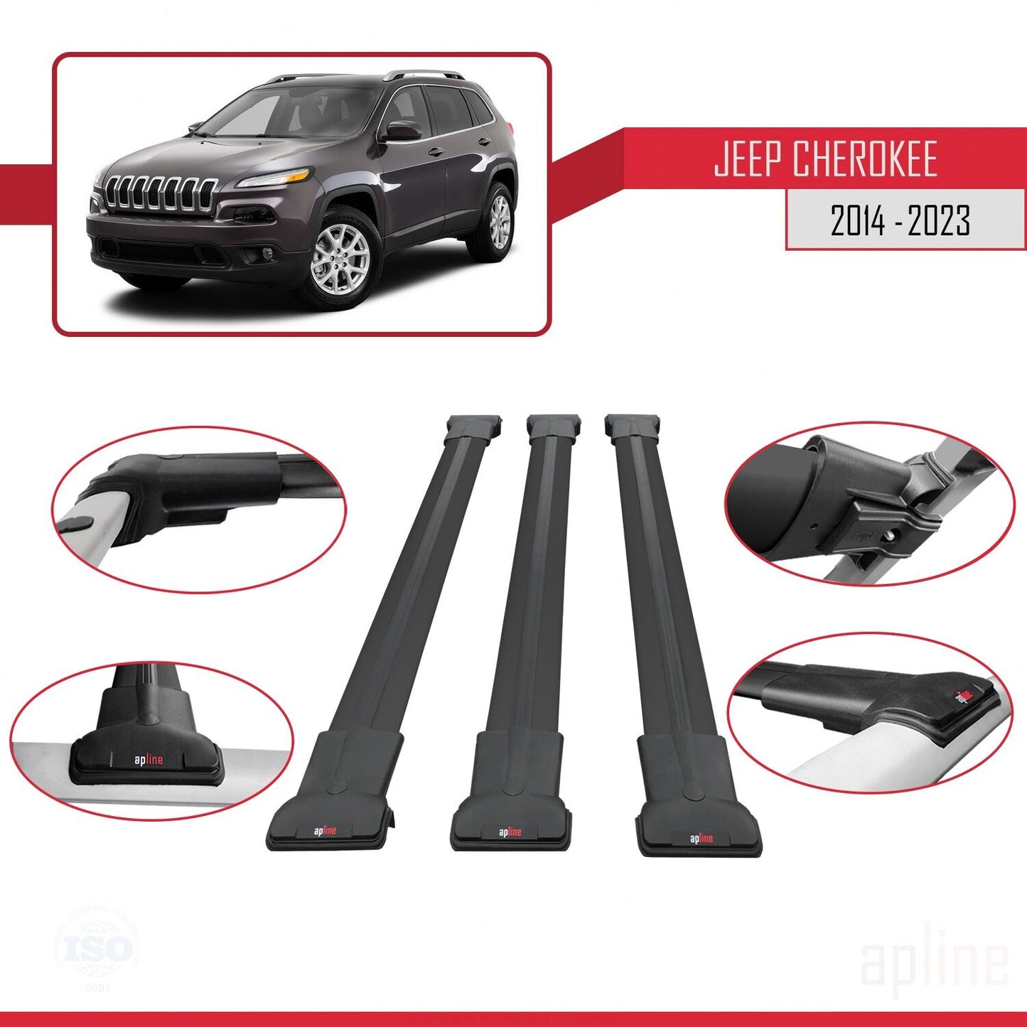 Compatible avec Jeep Cherokee 5 (KL) 2014-2023 FLY Model Barres de Toit Railing Porte-Bagages de Voiture Noir Aluminium 3 Barres