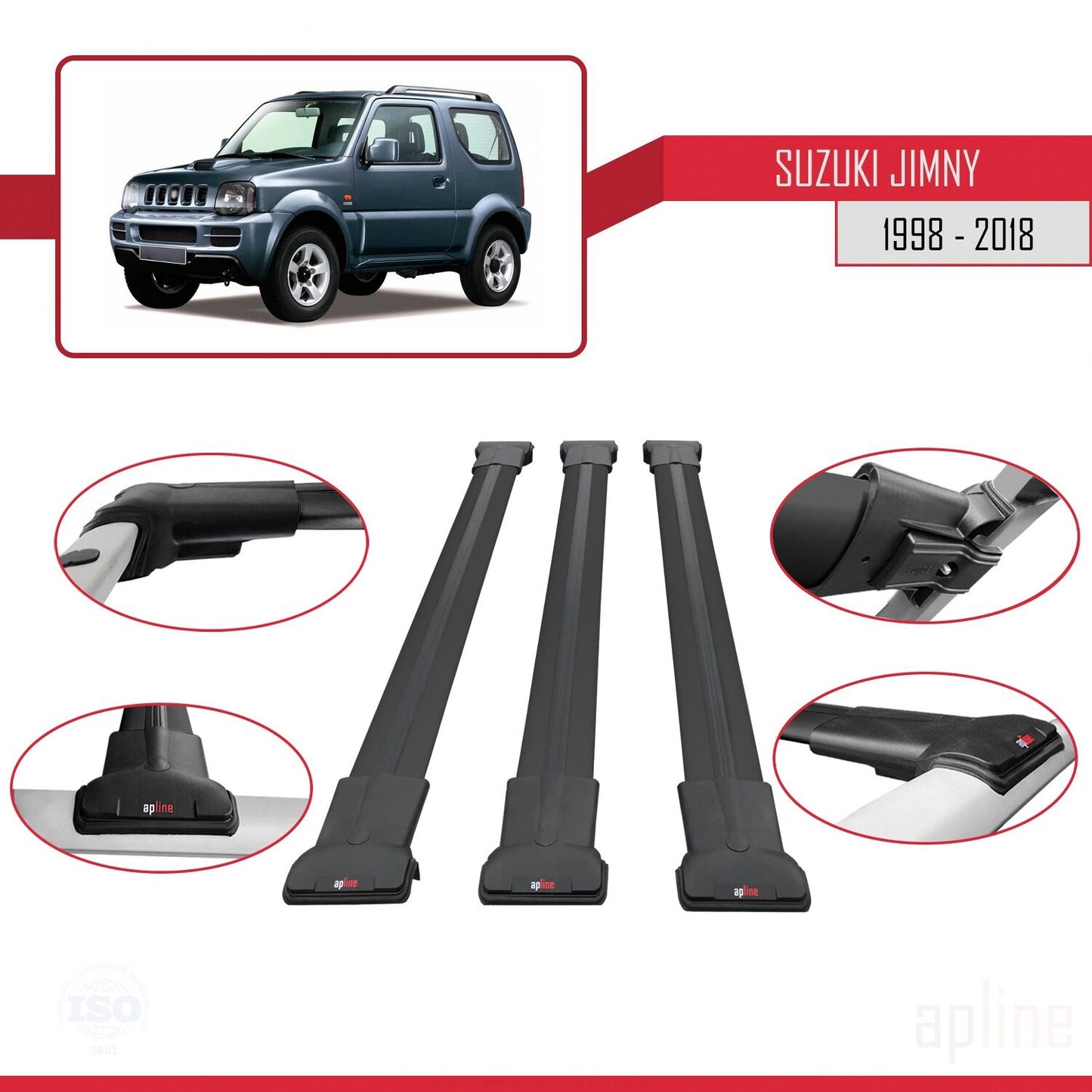 Compatible avec Suzuki Jimny 3 1998-2018 FLY Model Barres de Toit Railing Porte-Bagages de Voiture Noir Aluminium 3 Barres