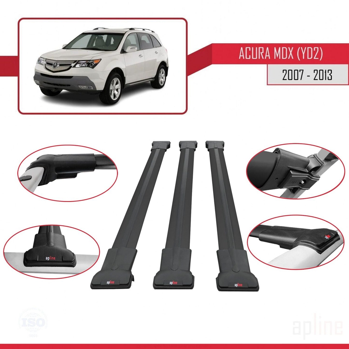 Kompatibel mit Acura MDX (YD2) 2007-2013 FLY Modell Dachgepäckträger, schwarzes Aluminium, 3 Stangen