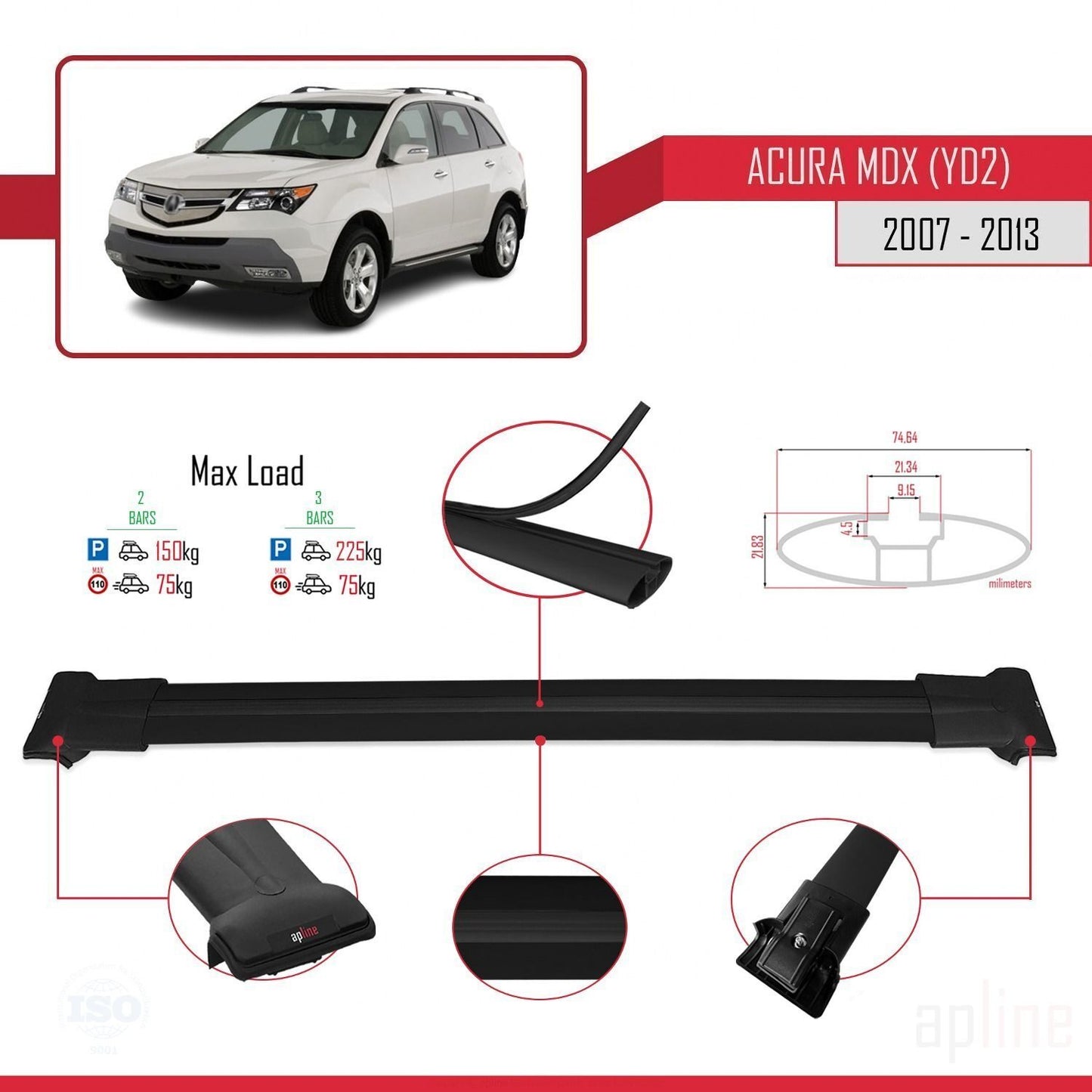 Kompatibel mit Acura MDX (YD2) 2007-2013 FLY Modell Dachgepäckträger, schwarzes Aluminium, 2 Stangen