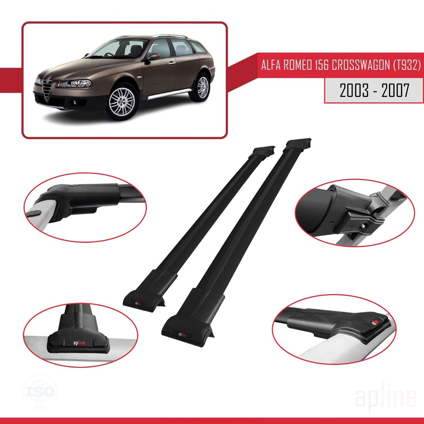 Compatibile con Alfa Romeo 156 (T932) Crosswagon 2003-2007 Modello FLY Barre Portatutto Portapacchi Auto Alluminio Nero 2 Barre