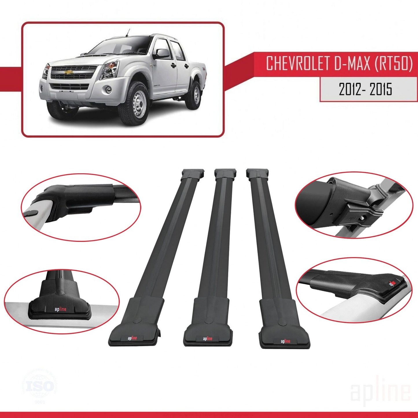 Compatible avec Chevrolet D-Max (RT50) 2012-2015 FLY Model Barres de Toit Railing Porte-Bagages de Voiture Noir Aluminium 3 Barres