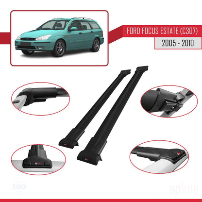 Compatible avec Ford Focus 2 (C307) Break 2005-2010 FLY Model Barres de Toit Railing Porte-Bagages de Voiture Noir Aluminium 2 Barres