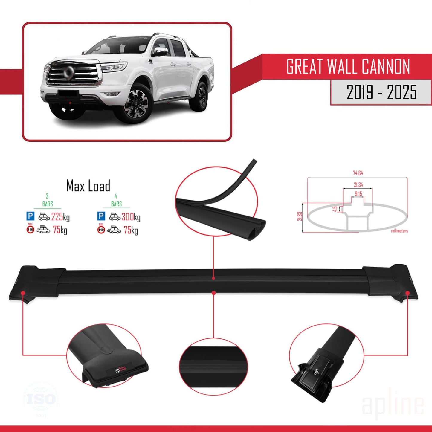 Compatible con Great Wall Cannon 2019-2025 FLY Model Barras de Techo Auto Portaequipajes Barras Transversales Negro Aluminio 3 Barras