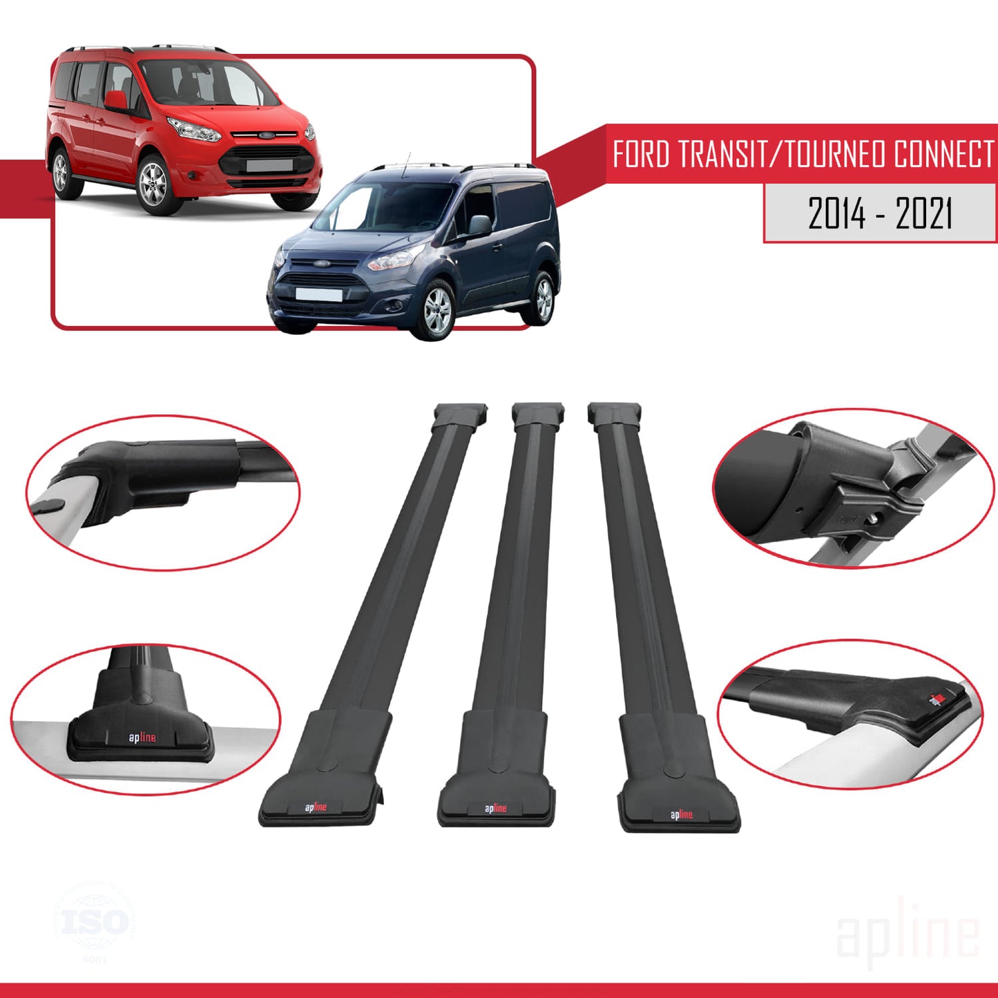 Compatible avec Ford Transit/Tourneo Connect 2 2014-2021 FLY Model Barres de Toit Railing Porte-Bagages de Voiture Noir Aluminium 3 Barres