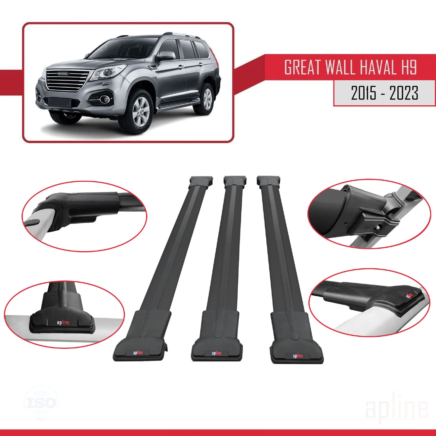 Compatible con Great Wall Haval H9 2015-2023 FLY Model Barras de Techo Auto Portaequipajes Barras Transversales Negro Aluminio 3 Barras