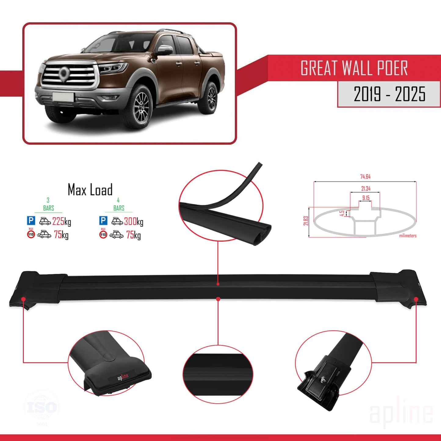 Compatible with Great Wall Poer 2019-2025 FLY Model Car Roof Rack Cross Bar Black Aluminium 3 Bars