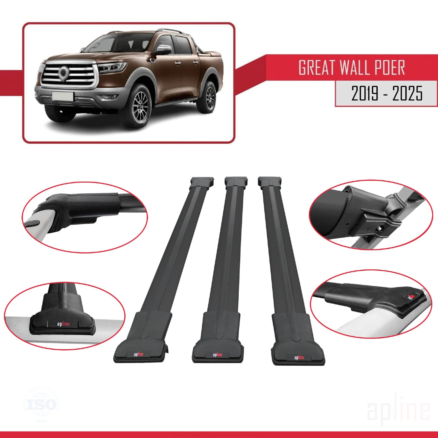Compatible with Great Wall Poer 2019-2025 FLY Model Car Roof Rack Cross Bar Black Aluminium 3 Bars