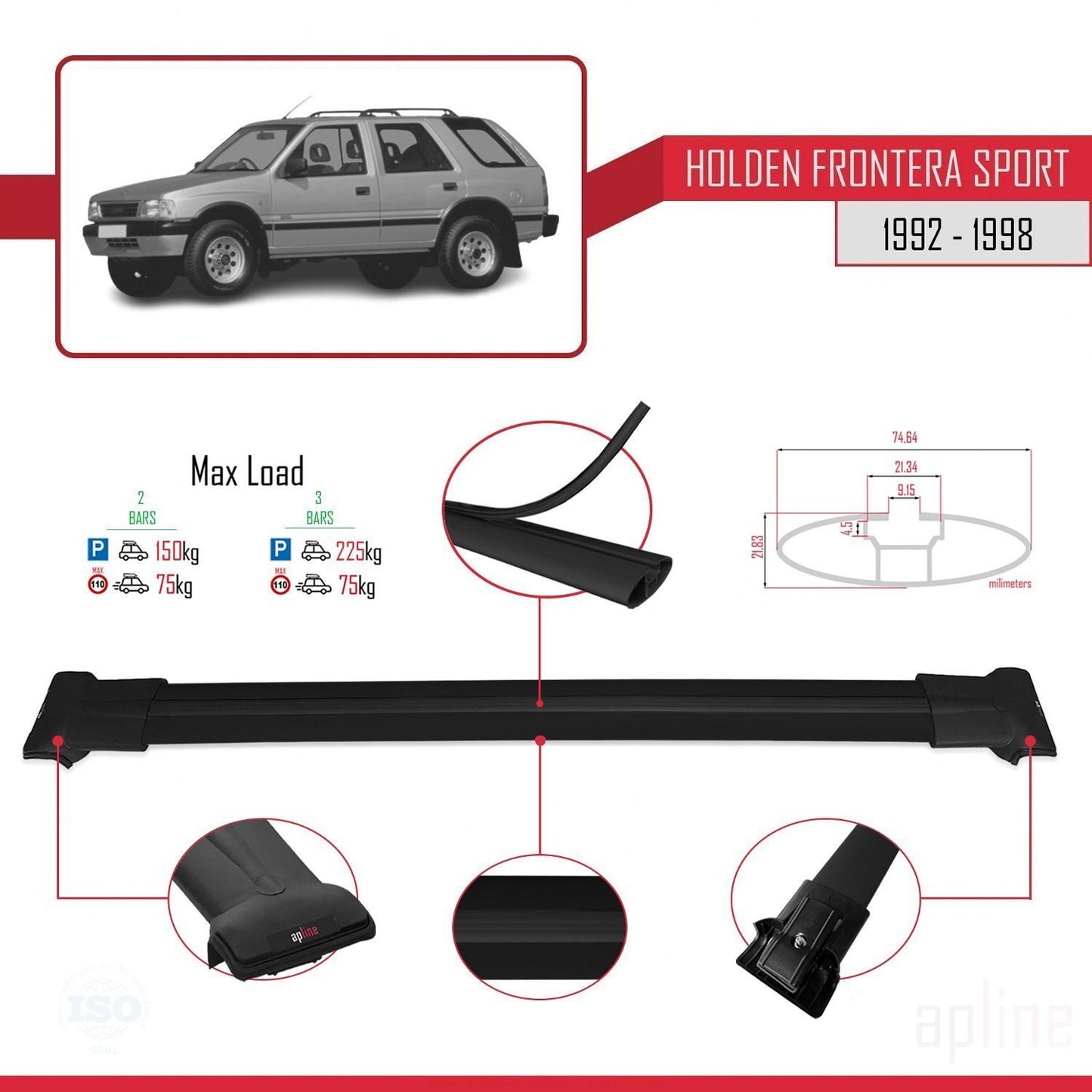Compatible avec Holden Frontera Sport 1992-1998 FLY Model Barres de Toit Railing Porte-Bagages de Voiture Noir Aluminium 2 Barres