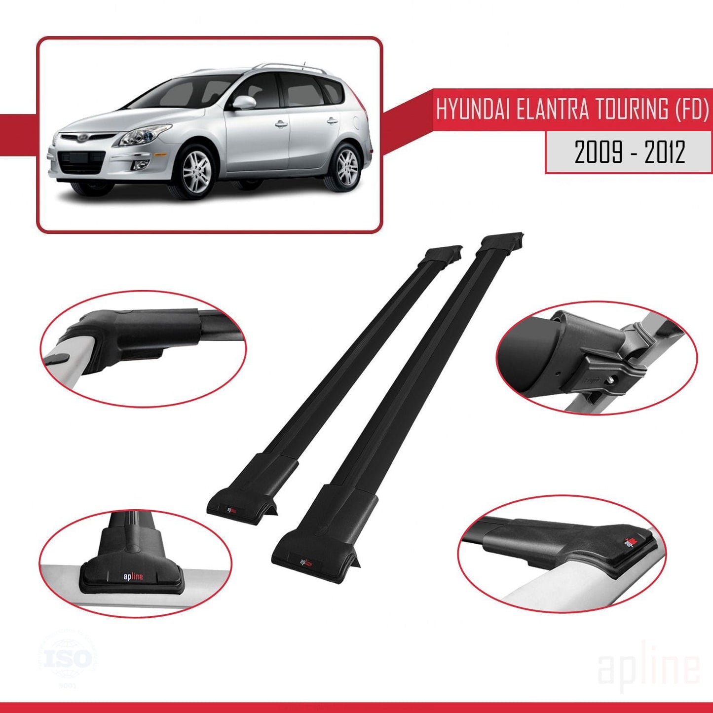 Compatible con Hyundai Elantra Touring (FD) 2009-2012 FLY Model Barras de Techo Auto Portaequipajes Barras Transversales Negro Aluminio 2 Barras