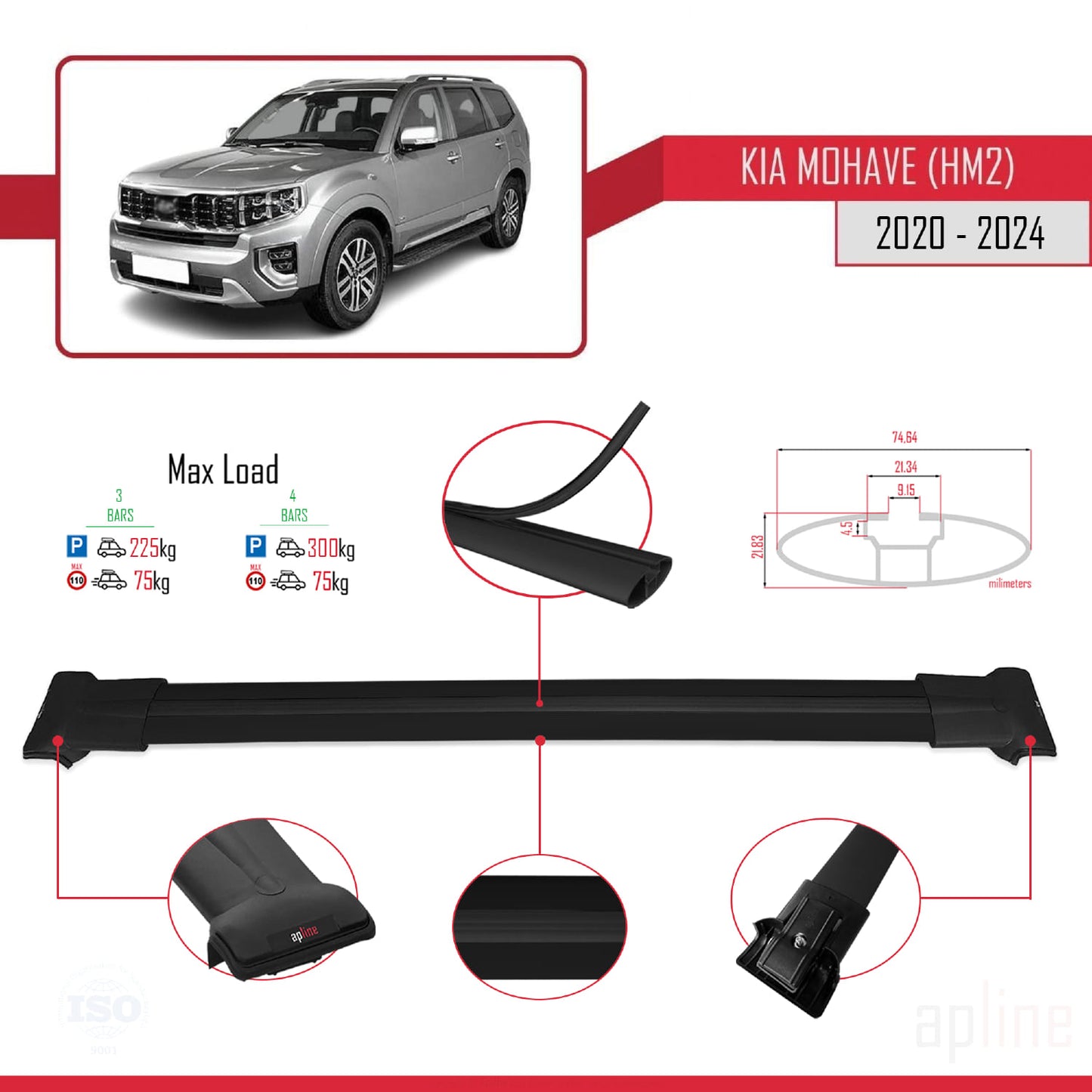 Compatible with Kia Mohave 2 (HM2) 2020-2024 FLY Model Car Roof Rack Cross Bar Black Aluminium 3 Bars