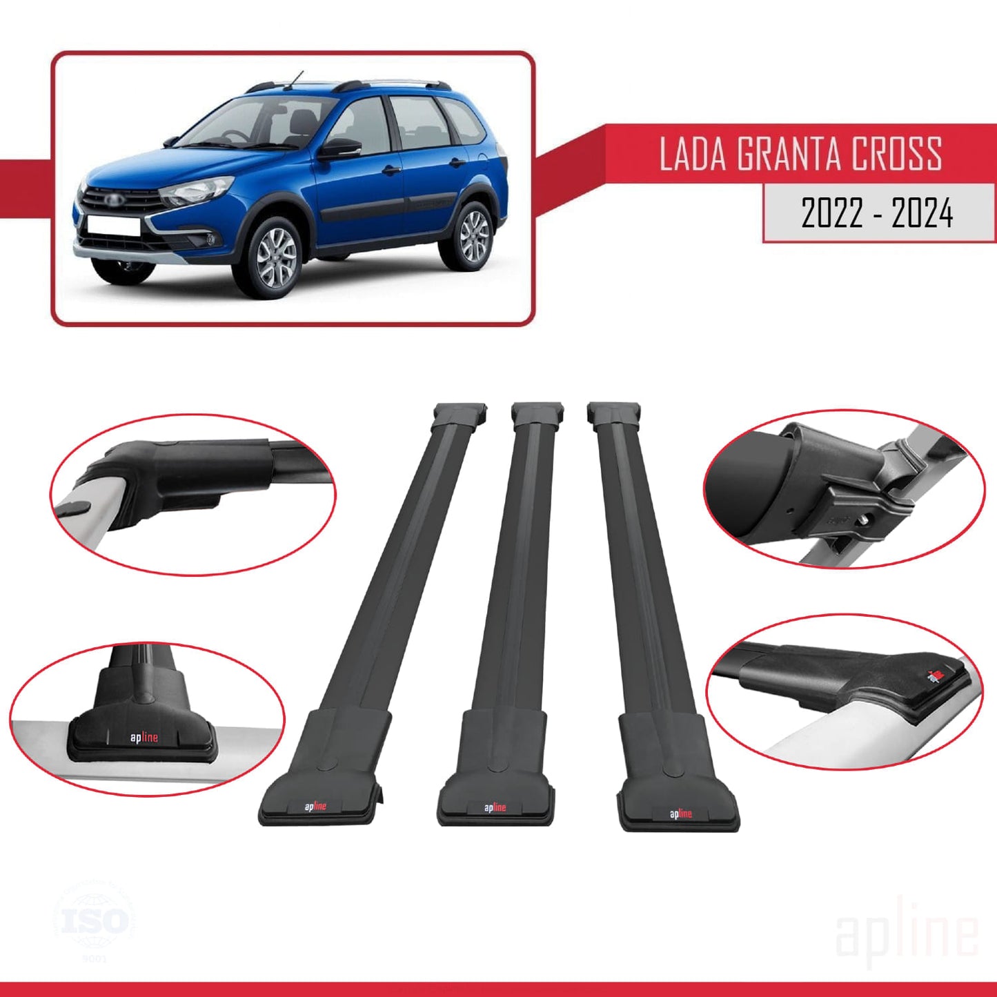 Compatible avec Lada Granta Cross 2022-2024 FLY Model Barres de Toit Railing Porte-Bagages de Voiture Noir Aluminium 3 Barres