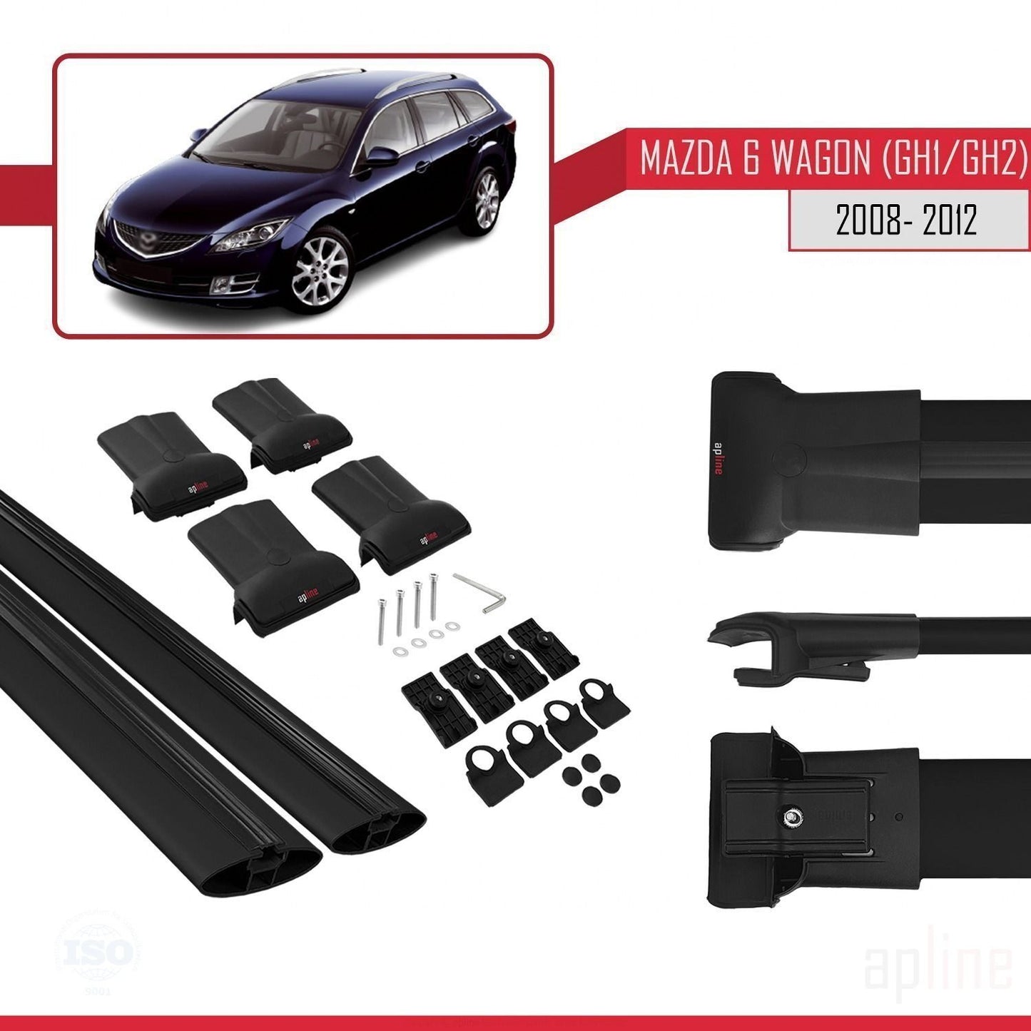 Compatible avec Mazda 6 II (GZ) Wagon 2008-2012 FLY Model Barres de Toit Railing Porte-Bagages de Voiture Noir Aluminium 2 Barres