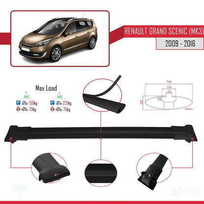 Compatible con Renault Grand Scenic 3 2009-2016 FLY Model Barras de Techo Auto Portaequipajes Barras Transversales Negro Aluminio 2 Barras