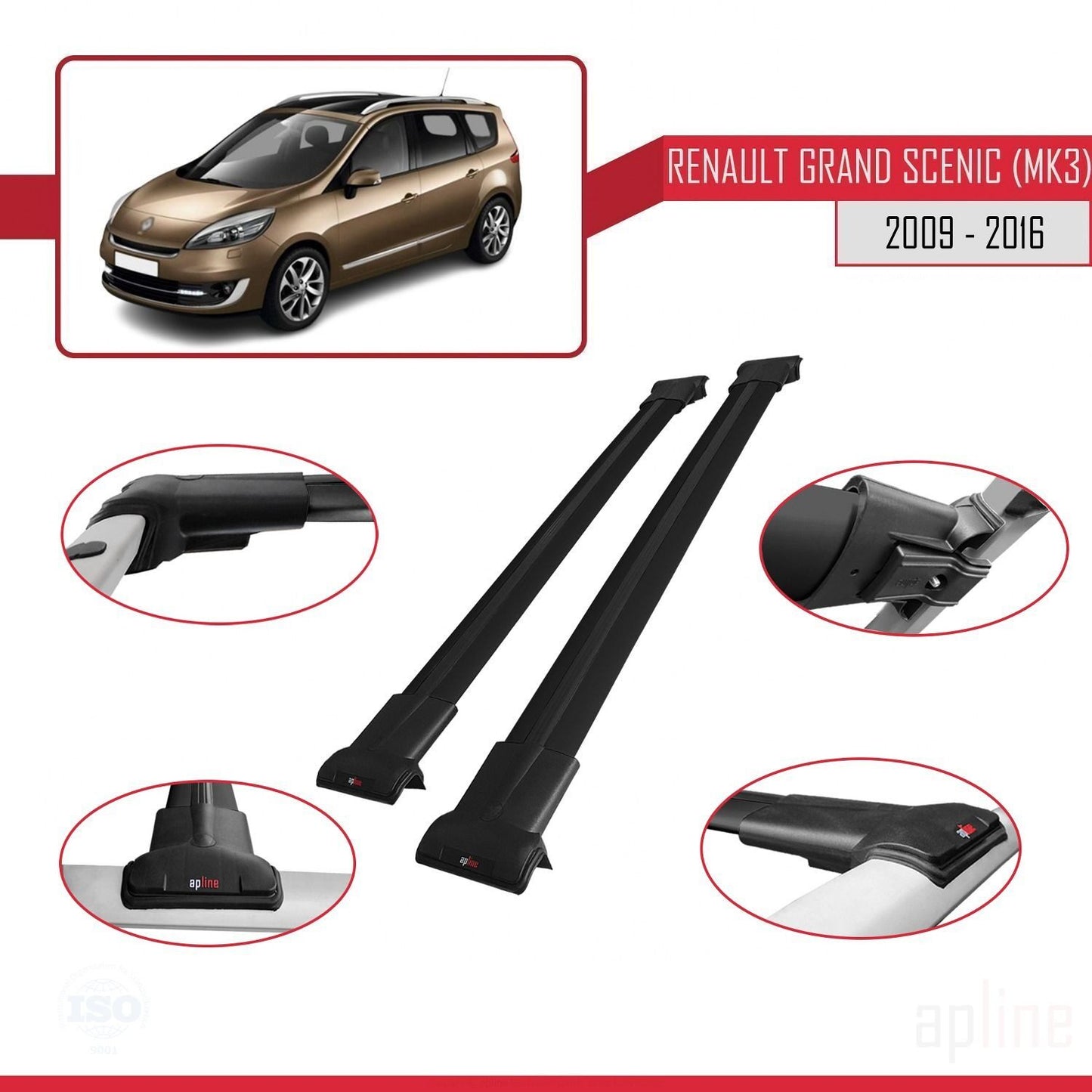Compatible con Renault Grand Scenic 3 2009-2016 FLY Model Barras de Techo Auto Portaequipajes Barras Transversales Negro Aluminio 2 Barras