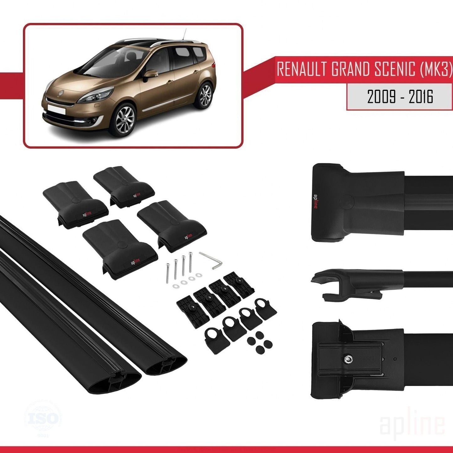 Compatible con Renault Grand Scenic 3 2009-2016 FLY Model Barras de Techo Auto Portaequipajes Barras Transversales Negro Aluminio 2 Barras