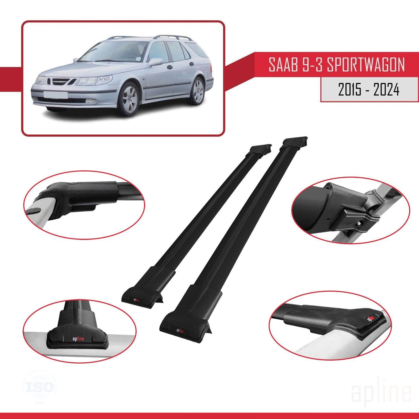 Compatible avec Saab 9-3 II Break 2006-2012 FLY Model Barres de Toit Railing Porte-Bagages de Voiture Noir Aluminium 2 Barres