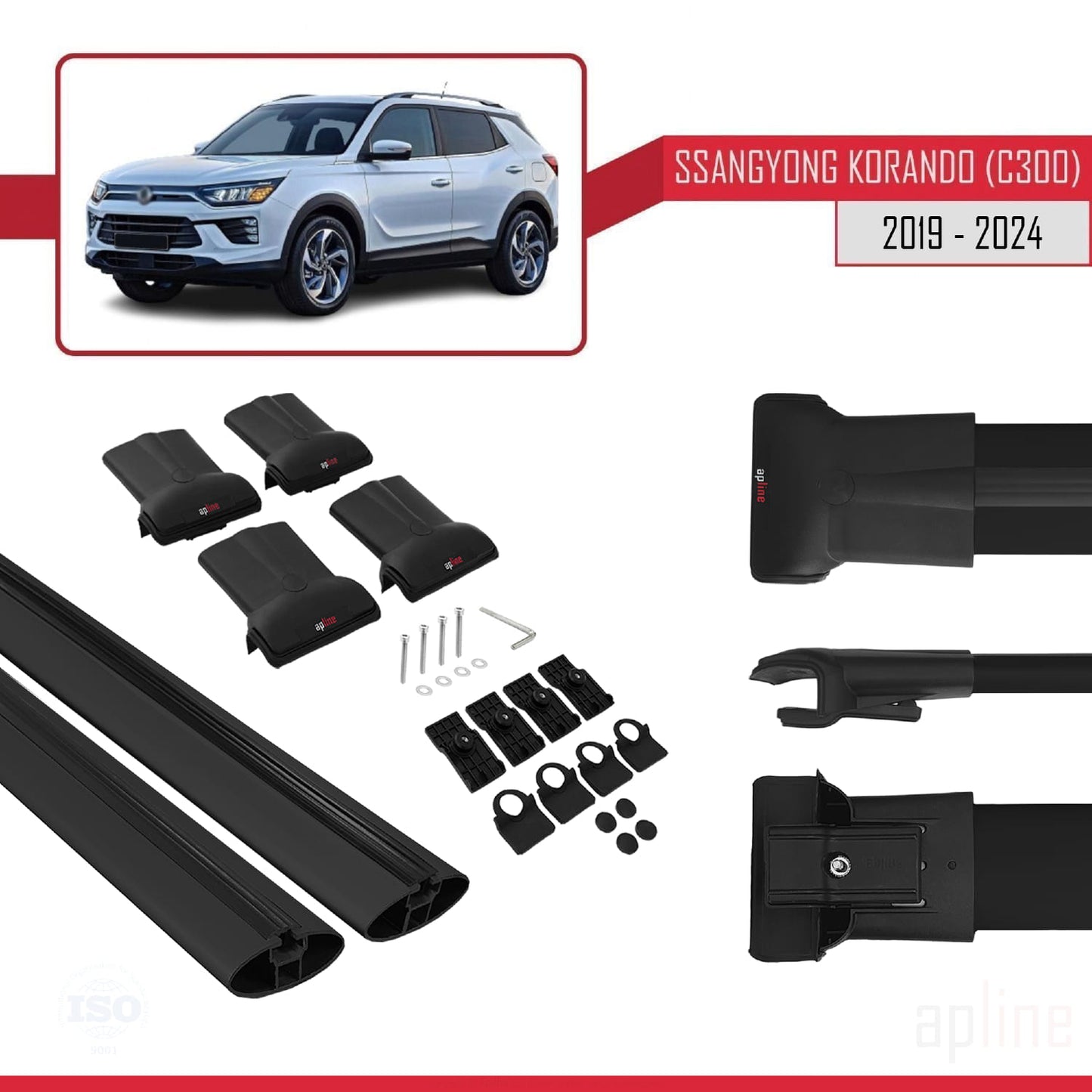 Compatible avec Ssangyong Korando 4 (C300) 2019-2025 FLY Model Barres de Toit Railing Porte-Bagages de Voiture Noir Aluminium 2 Barres