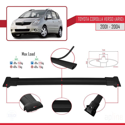 Compatible avec Toyota Corolla Verso (E120) 2001-2004 FLY Model Barres de Toit Railing Porte-Bagages de Voiture Noir Aluminium 2 Barres