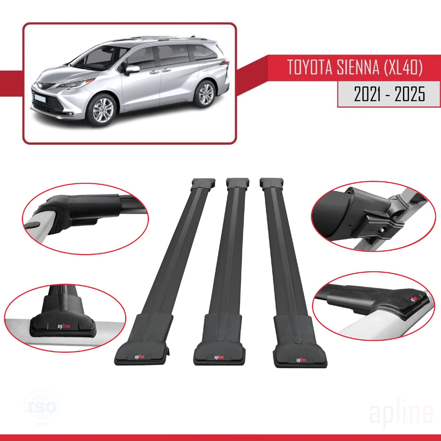 Compatible avec Toyota Sienna 4 (XL40) 2021-2025 FLY Model Barres de Toit Railing Porte-Bagages de Voiture Noir Aluminium 3 Barres