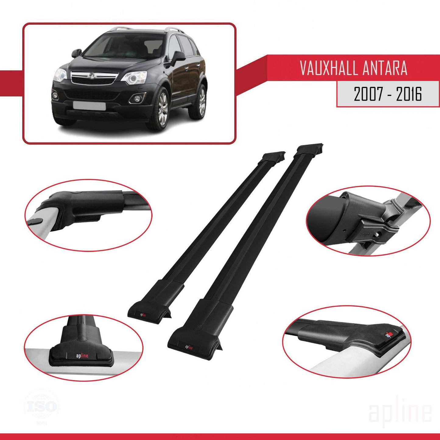 Compatible avec Vauxhall Antara 2007-2016 FLY Model Barres de Toit Railing Porte-Bagages de Voiture Noir Aluminium 2 Barres