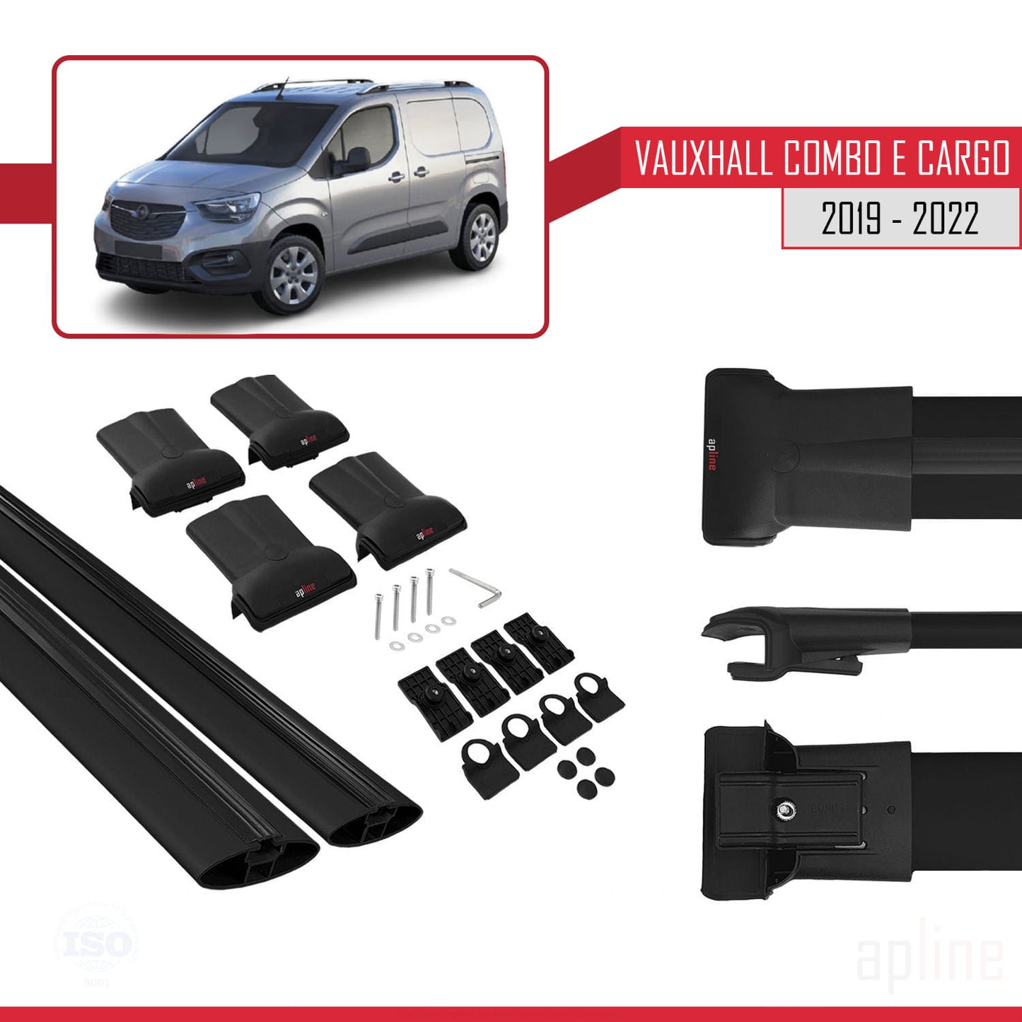 Compatible avec Vauxhall Combo E Cargo 2019-2022 FLY Model Barres de Toit Railing Porte-Bagages de Voiture Noir Aluminium 2 Barres