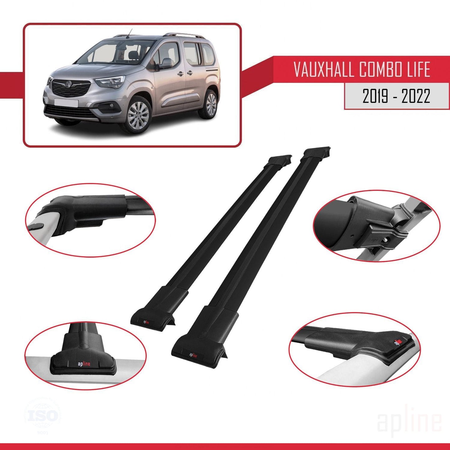 Compatible avec Vauxhall Combo E Life 2019-2022 FLY Model Barres de Toit Railing Porte-Bagages de Voiture Noir Aluminium 2 Barres