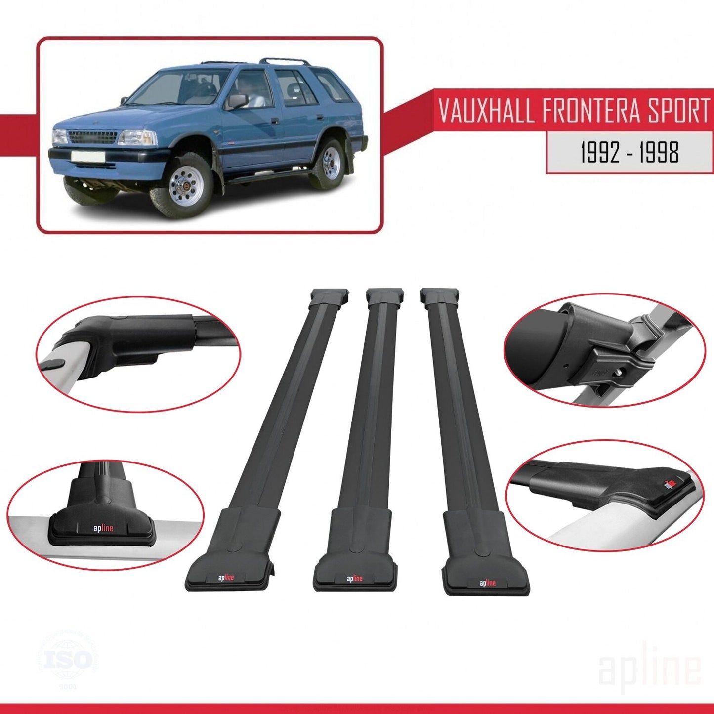 Compatible avec Vauxhall Frontera Sport 1992-1998 FLY Model Barres de Toit Railing Porte-Bagages de Voiture Noir Aluminium 3 Barres