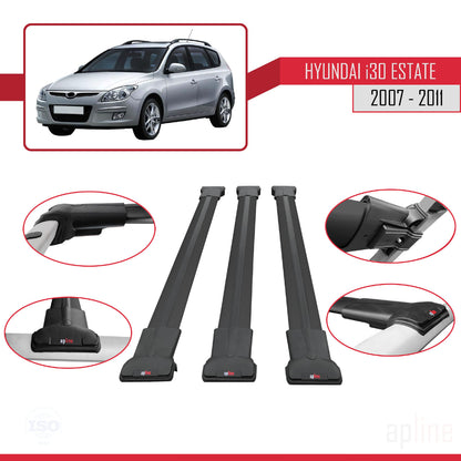 Compatible avec Hyundai i30 (FD) Break 2007-2011 FLY Model Barres de Toit Railing Porte-Bagages de Voiture Noir Aluminium 3 Barres