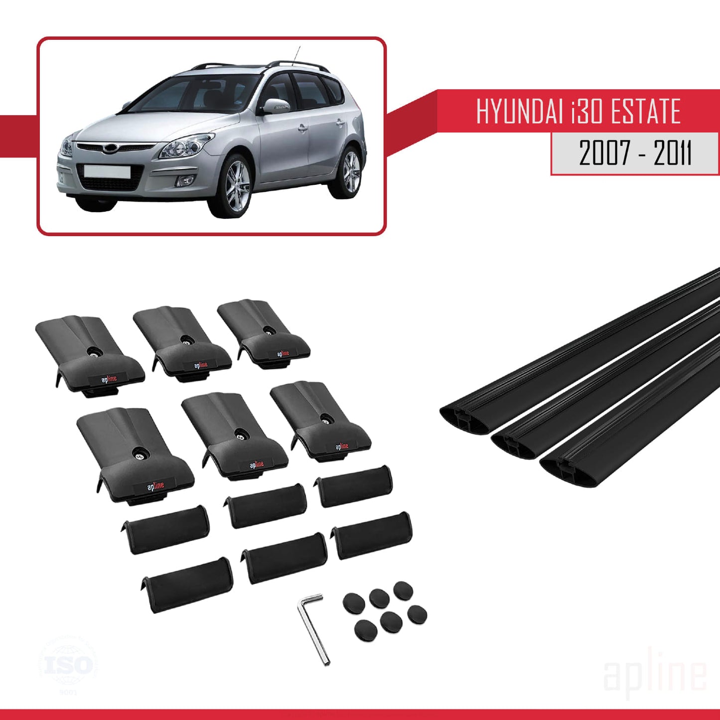 Compatible avec Hyundai i30 (FD) Break 2007-2011 FLY Model Barres de Toit Railing Porte-Bagages de Voiture Noir Aluminium 3 Barres
