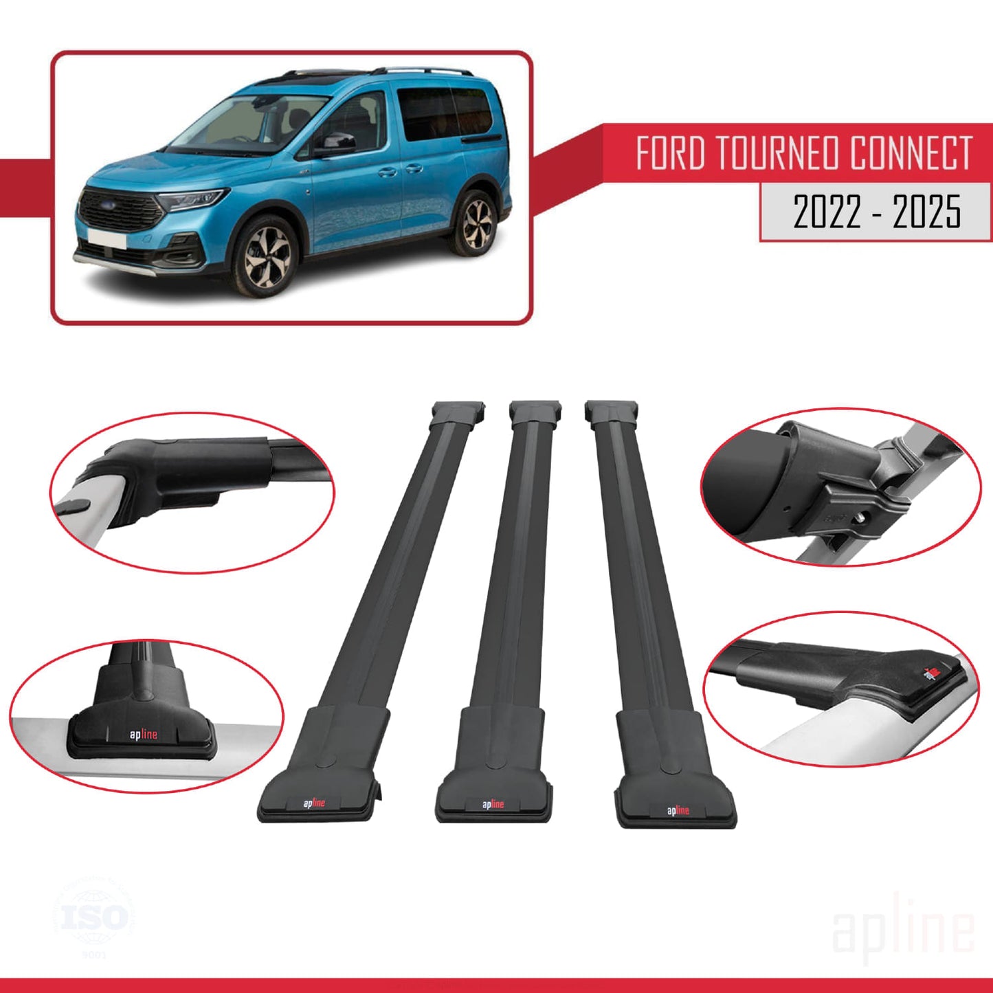 Compatible avec Ford Transit/Tourneo Connect 3 2022-2025 FLY Model Barres de Toit Railing Porte-Bagages de Voiture Noir Aluminium 3 Barres